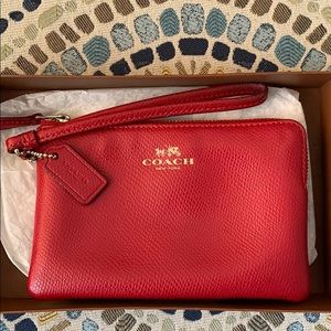 Coach small pebble wristlet w/strap in red